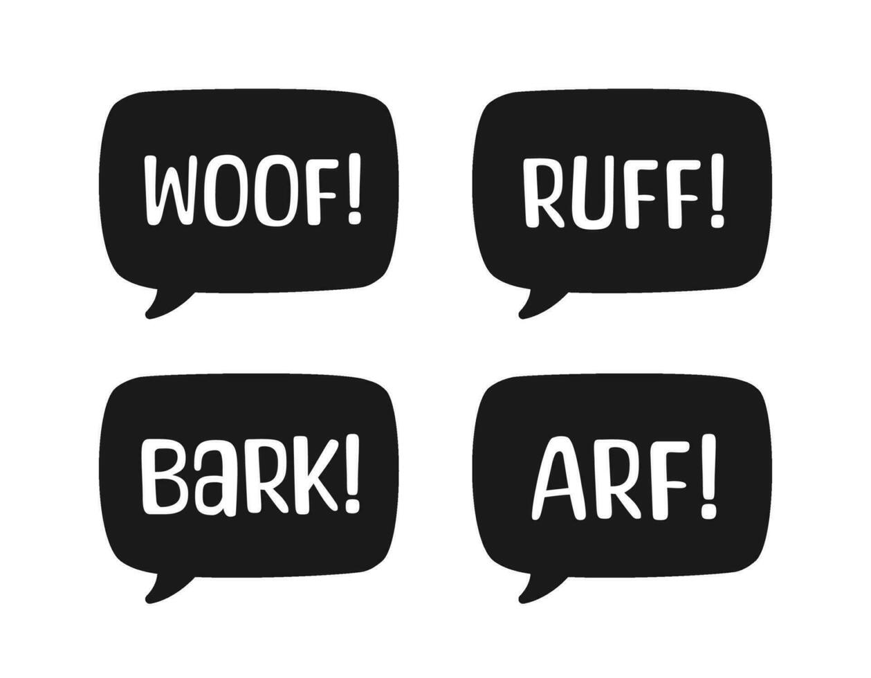 Dog bark animal sound effect text in a speech bubble balloon silhouette clipart set. Cute cartoon onomatopoeia comics and lettering. vector