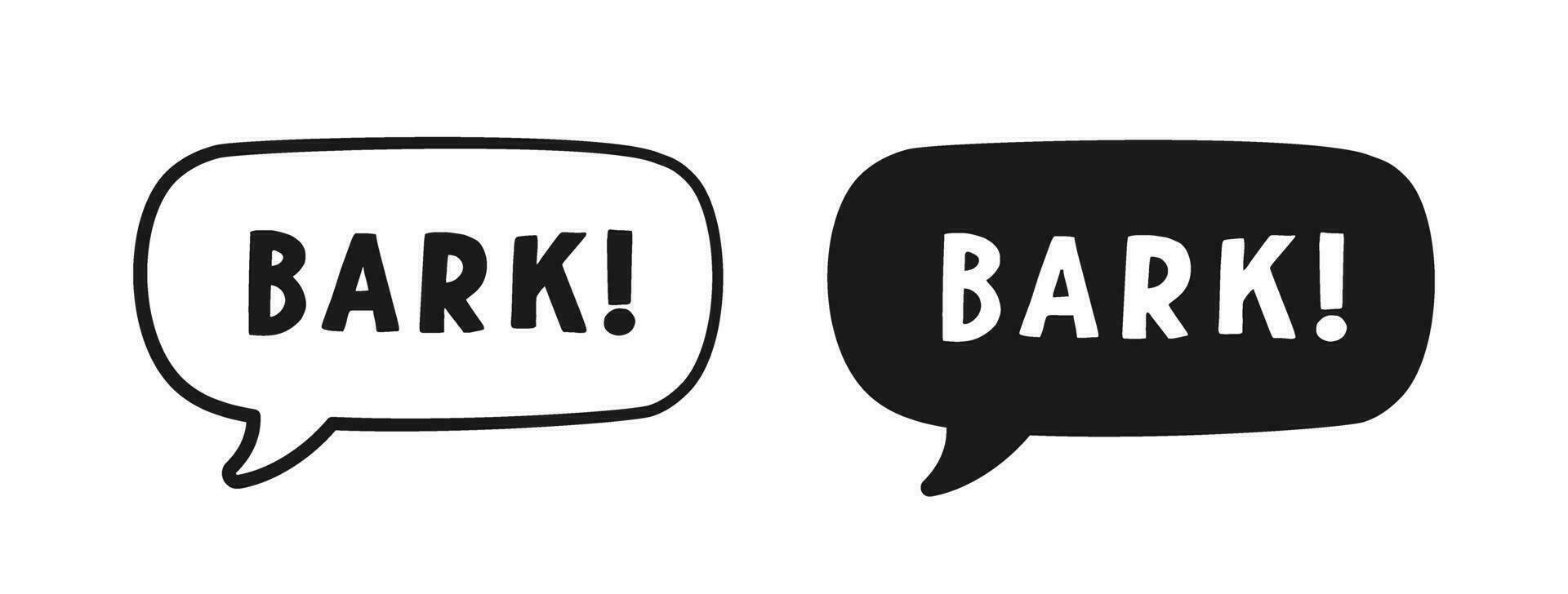 Bark text in a speech bubble balloon outline and silhouette set. Cartoon comics dog sound effect lettering. Simple flat vector illustration.