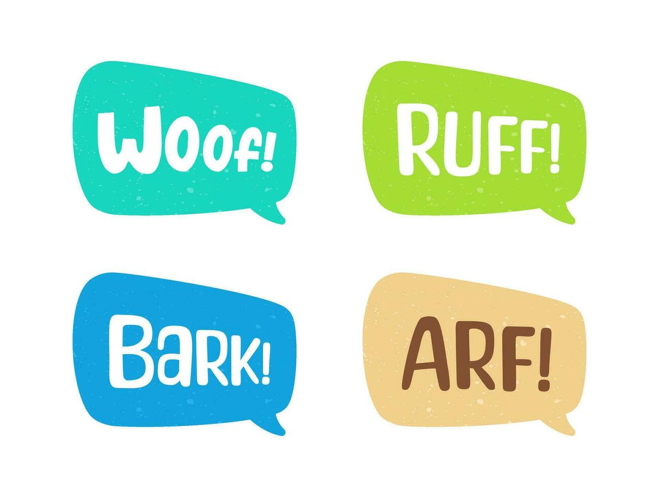 Dog bark animal sound effect text in a speech bubble balloon clipart set. Cute cartoon onomatopoeia comics and lettering. vector