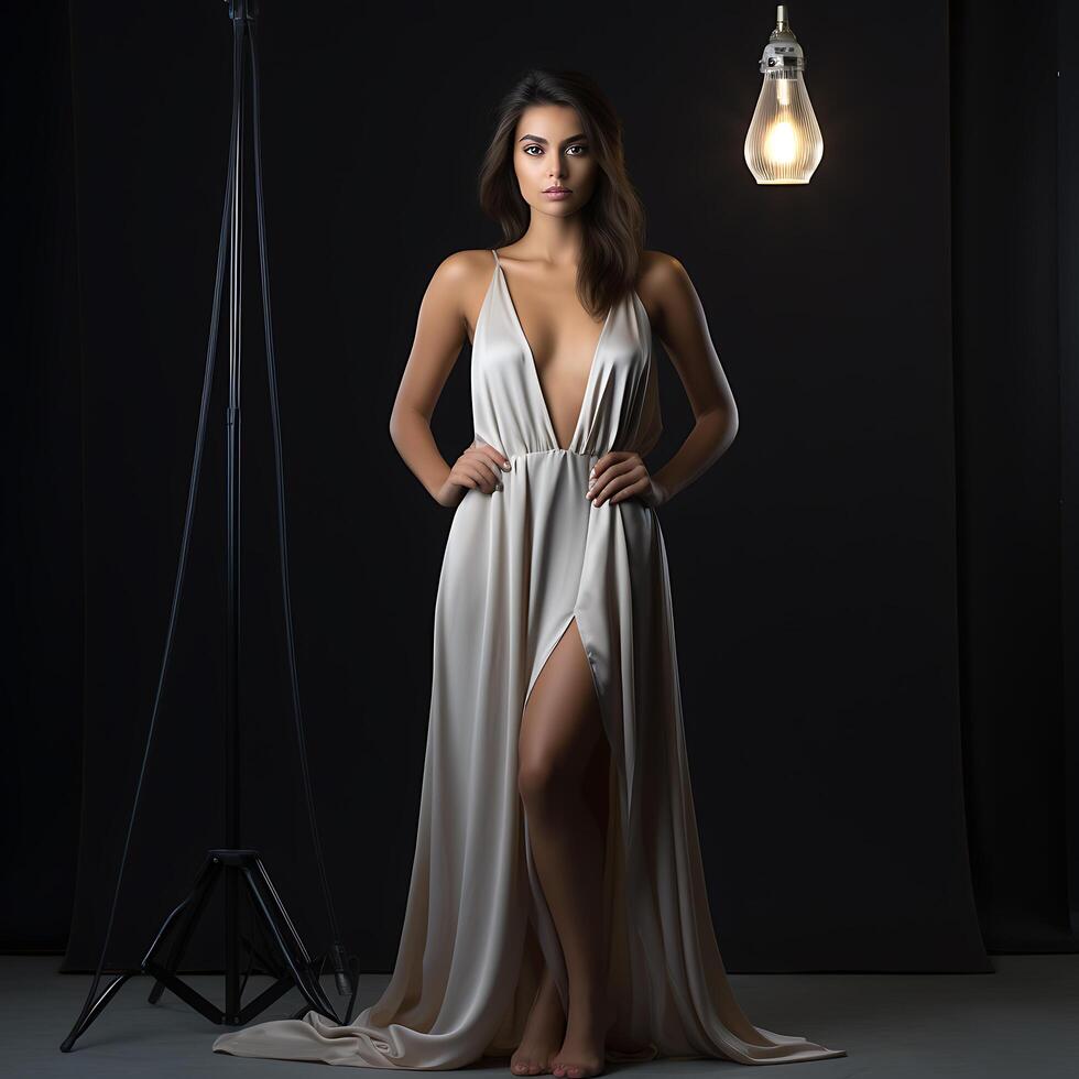 ai generado retrato de un hermosa súper modelo en un elegante de moda Moda ajustado vestido. foto