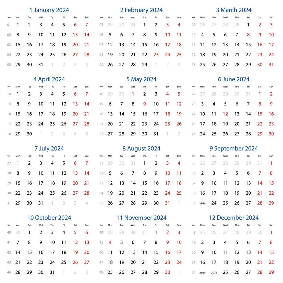 Vector calendar 2024 with the week begins on monday.