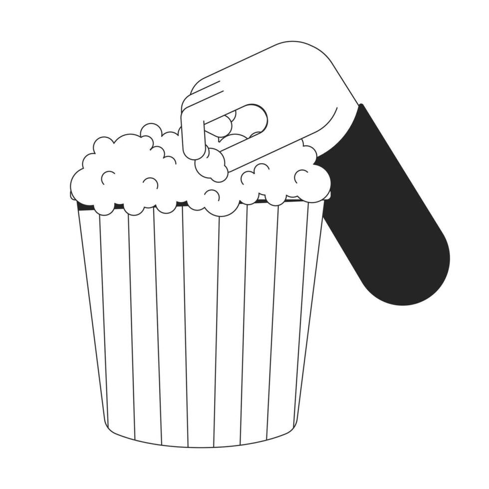 Grabbing popcorn out bucket cartoon human hand outline illustration. Take popcorn from box striped square 2D isolated black and white vector image. Eating fastfood flat monochromatic drawing clip art