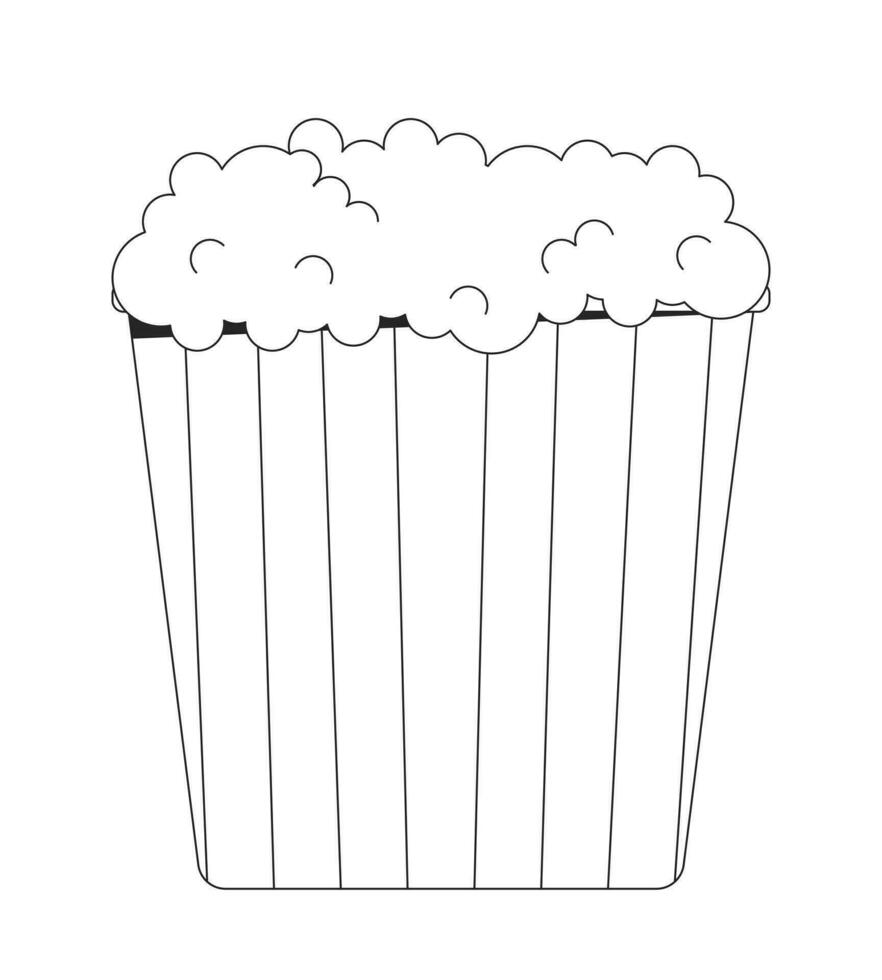 Popcorn bucket black and white 2D line cartoon object. Tasty salty popcorn box square isolated vector outline item. Sweet fastfood container striped. Cinema fun monochromatic flat spot illustration