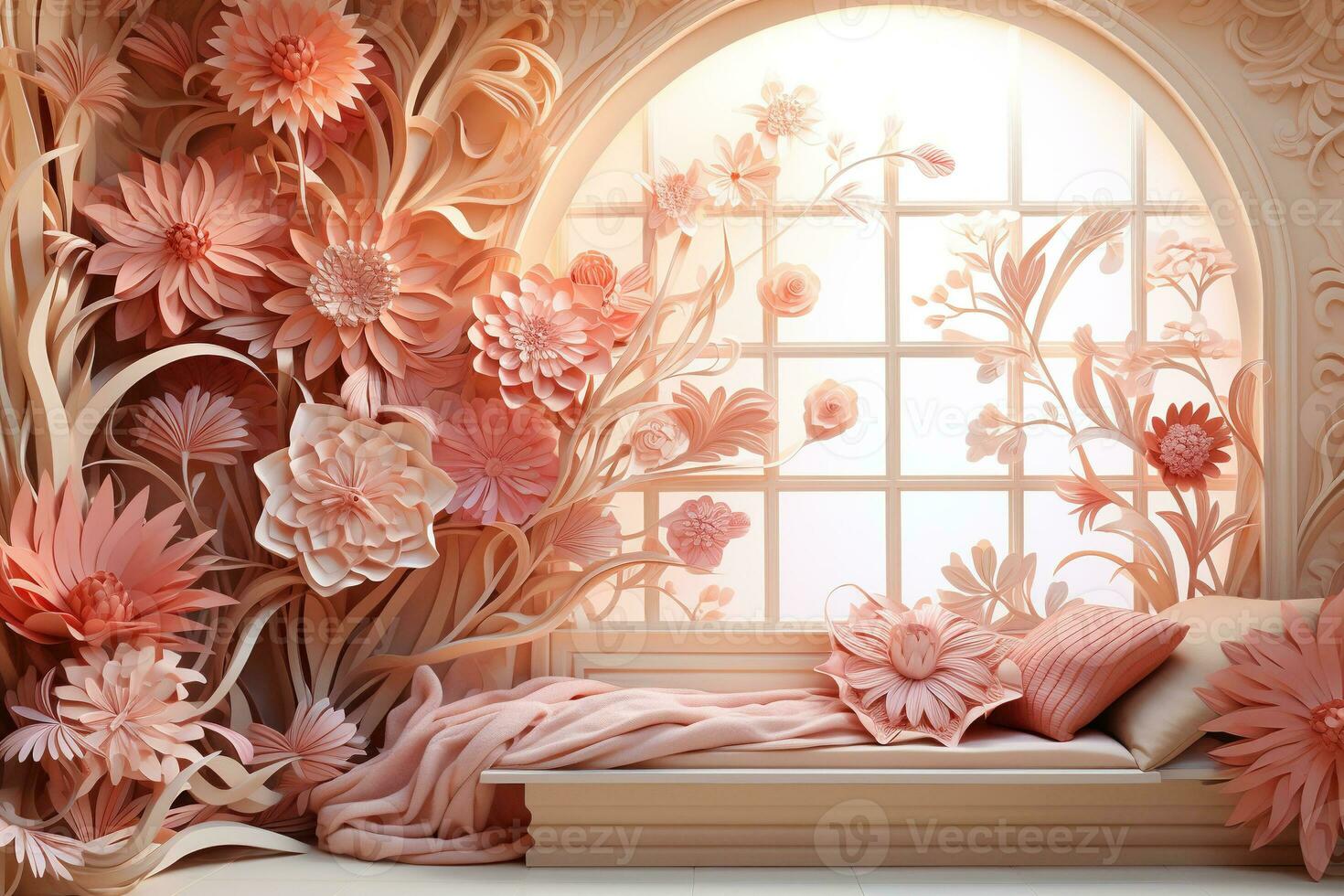 AI generated Room interior in cut paper style. 3D flowers in pink tones. Generative AI photo
