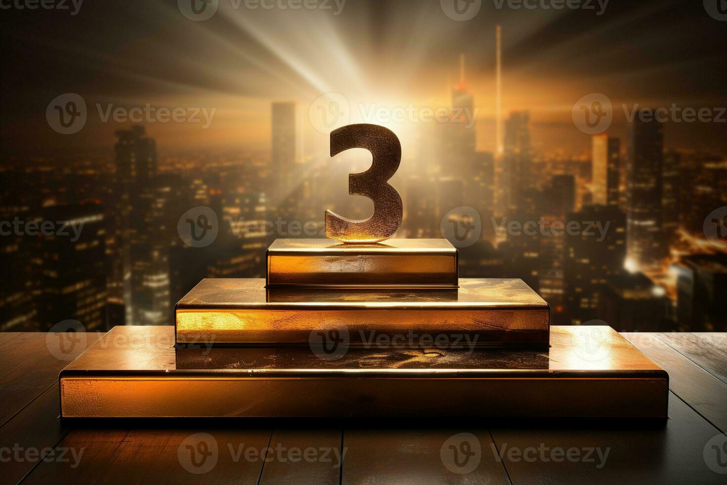 AI generated Winner's reward. Gold unit on a gold podium. Blurred background photo
