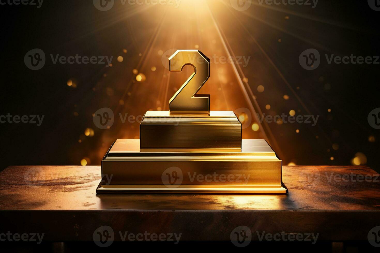 AI generated Winner's reward. Gold unit on a gold podium. Blurred background photo