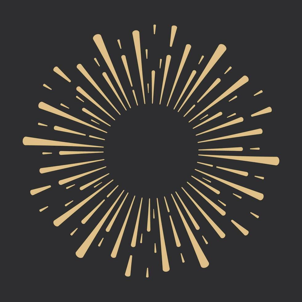 Golden Fireworks, rays, sunburst frames circle border decoration, sparkle in doodle style, line sketch explosion isolated on dark background. Vector illustration