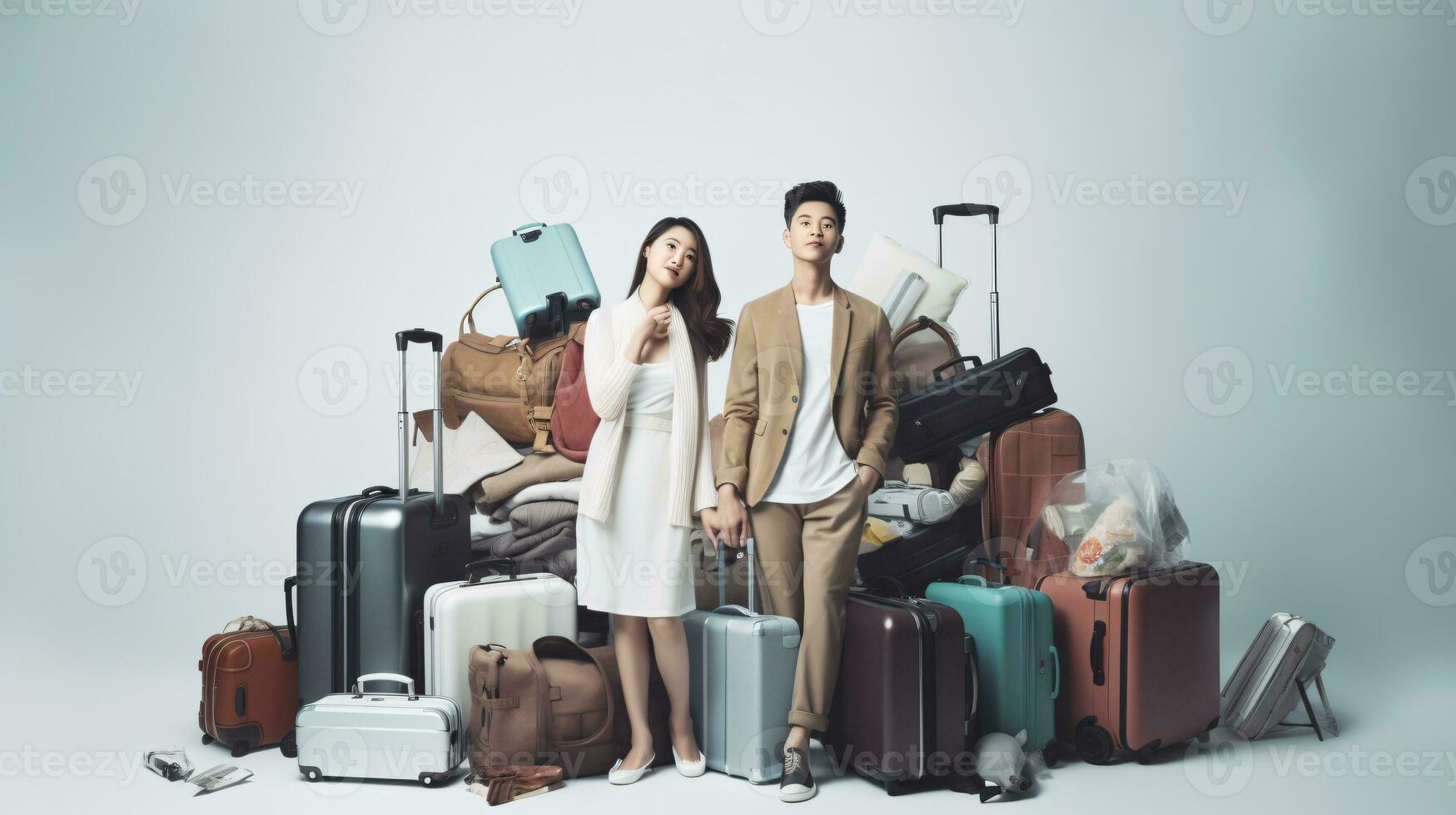 AI generated Traveling promo with model with a lot of bags and suitcases on a clean single color background photo