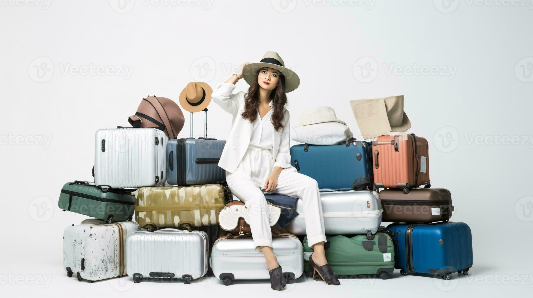 AI generated Traveling promo with model with a lot of bags and suitcases on a clean single color background photo