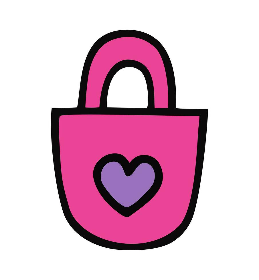 One simple pink handbag icon with heart shape. Pink color. Isolated on white background. Doodle icon vector