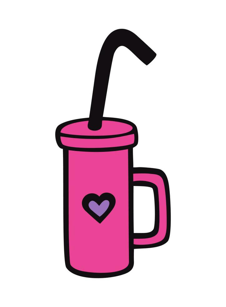 Vector sketch illustration - plastic pink cup with tube isolated on white background. Violet heart.