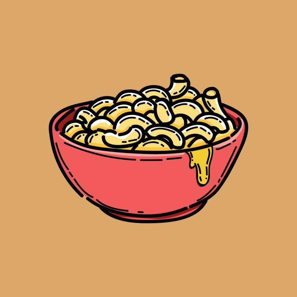 mac and cheese illustration design vector clipart in a red bowl, comfort food, breakfast, lunch, dinner, western food