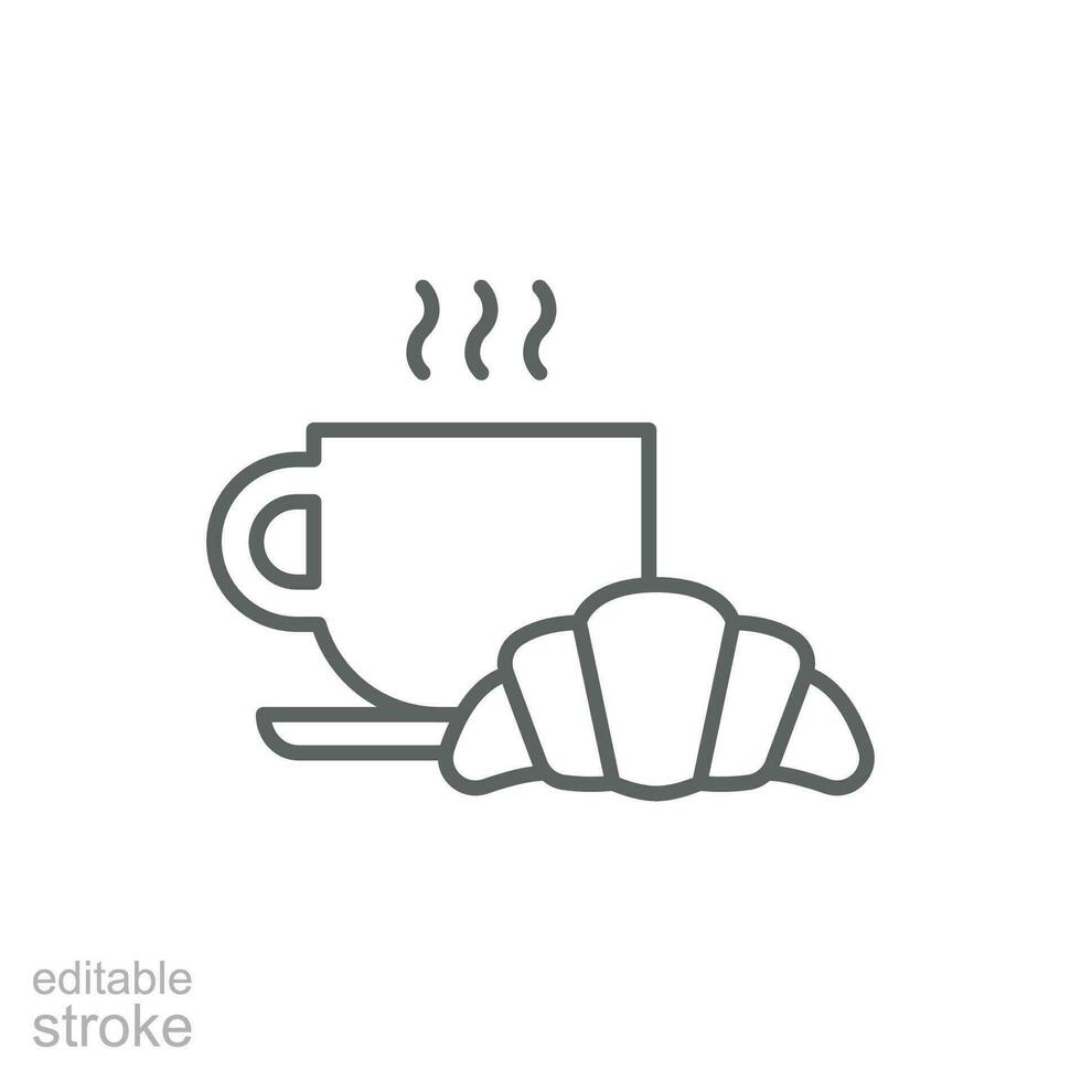 Coffee and croissant icon. Simple outline style. Bread, pastry, crescent, food and drink concept. Thin line symbol. Vector illustration isolated. Editable stroke.