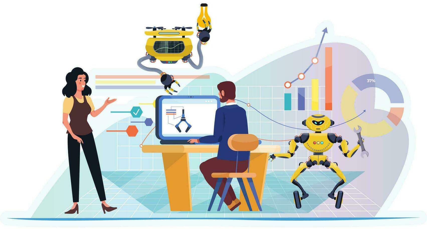 Virtual office concept. Online meeting. Virtual meeting. Employees sitting at the table. Online presentation. Internet communication. Business. vector