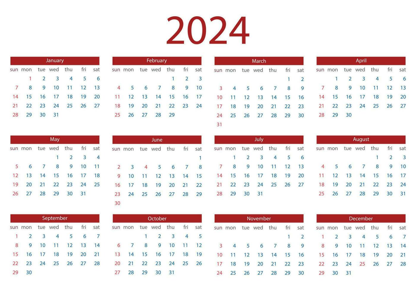 vector calendario 2024 comienzo en lunes.