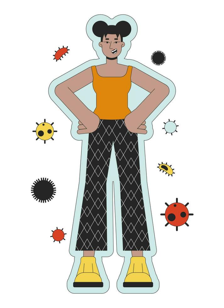 Enhancing immunity 2D linear illustration concept. Black woman healthy lifestyle cartoon character isolated on white. Immune protection against viruses metaphor abstract flat vector outline graphic