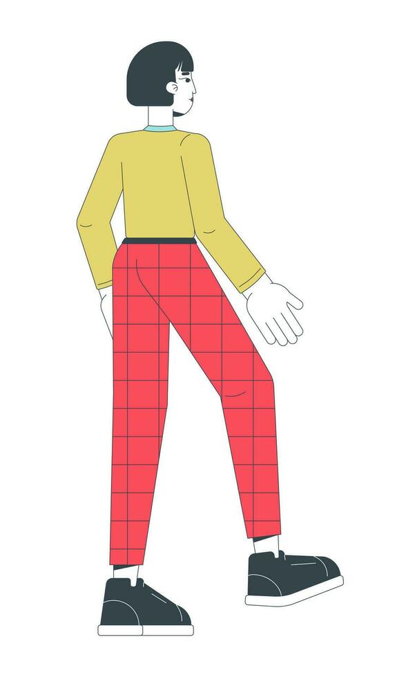 Young adult korean woman stepping forward 2D linear cartoon character. Back view female office worker in checkered pants isolated line vector person white background. Color flat spot illustration