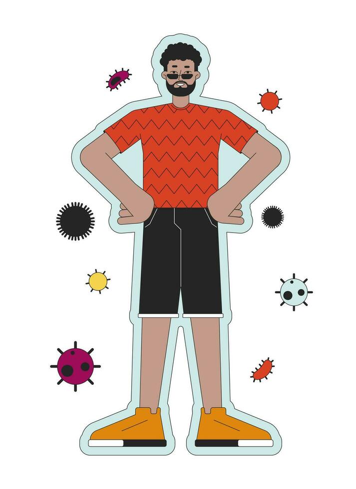 Boosting immune system 2D linear illustration concept. Black adult man resistant cartoon character isolated on white. Protection against influenza virus metaphor abstract flat vector outline graphic