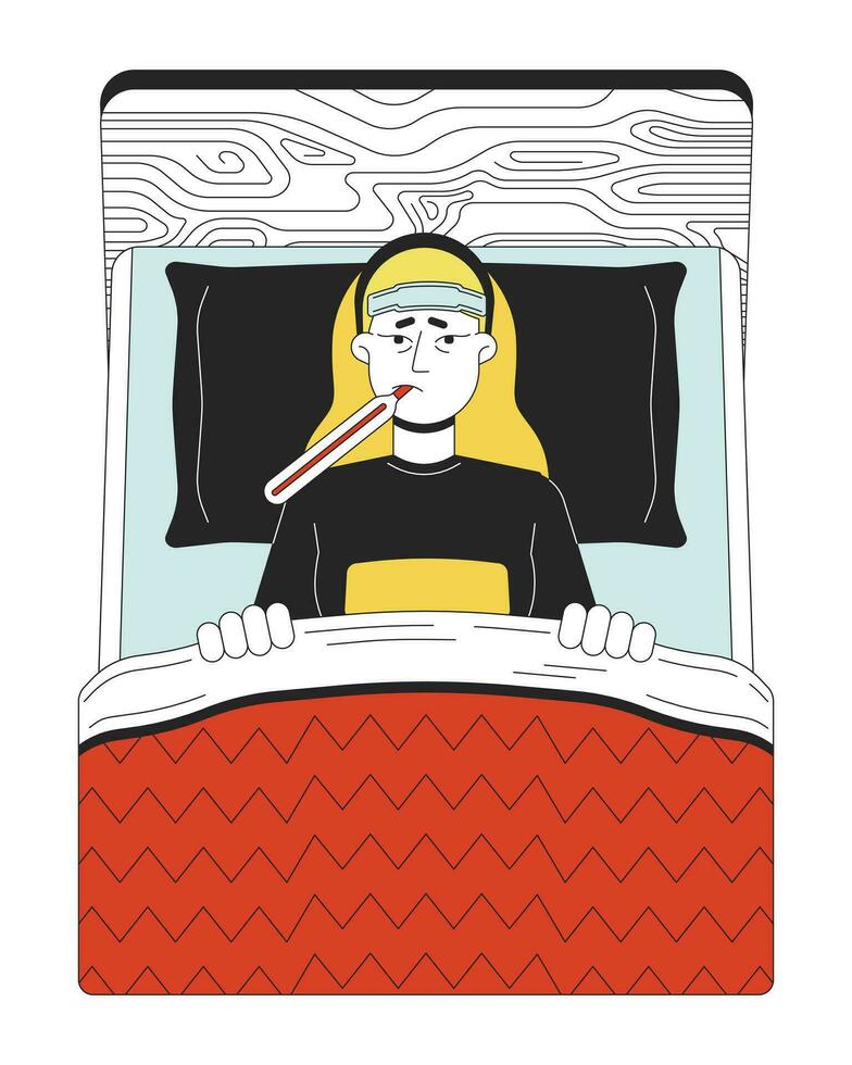 Sick flu patient in bed line cartoon flat illustration. Lying down caucasian woman keeping thermometer in mouth 2D lineart character isolated on white background. Fever suffer scene vector color image