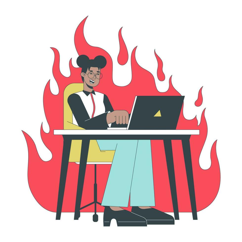 Gen z employee demonstrating passion at work 2D linear cartoon character. Female office worker at burning workspace isolated line vector person white background. Excited color flat spot illustration