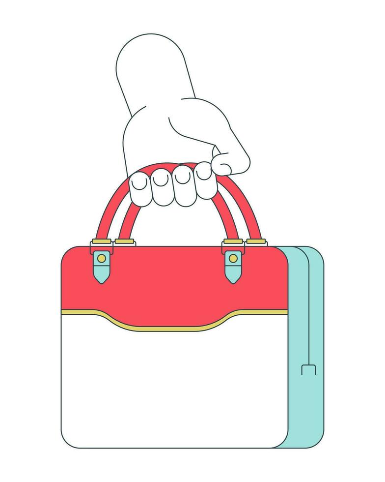 Briefcase holding linear cartoon character hand illustration. Businessman carrying handbag fashion outline 2D vector image, white background. Brief case accessory lawyer editable flat color clipart
