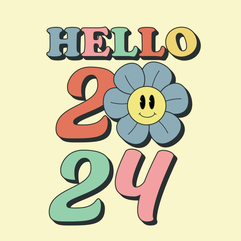 Hello 2024 retro groovy typography with daisy flower on beige background. Pink vintage 70s greeting card, sticker, banner. Happy New Year. Vector illustrator