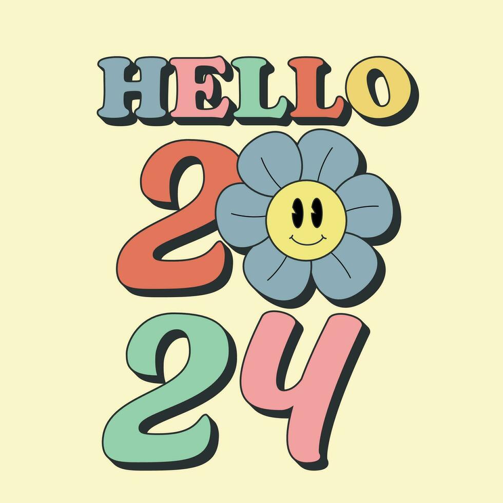 Hola 2024 retro maravilloso tipografía con margarita flor en beige antecedentes. rosado Clásico 70s saludo tarjeta, pegatina, bandera. contento nuevo año. vector ilustrador