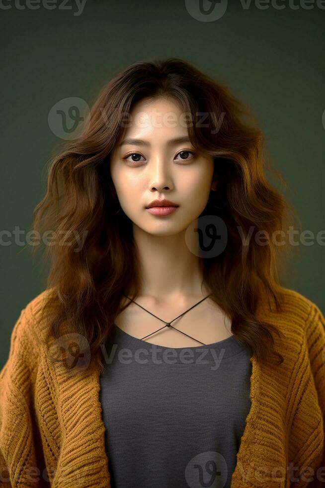 AI generated Young Korean girl model. Beautiful young asian woman with perfect skin, wearing catsuit during body pose. Sexy and slim body, fashion woman model. Generative AI photo