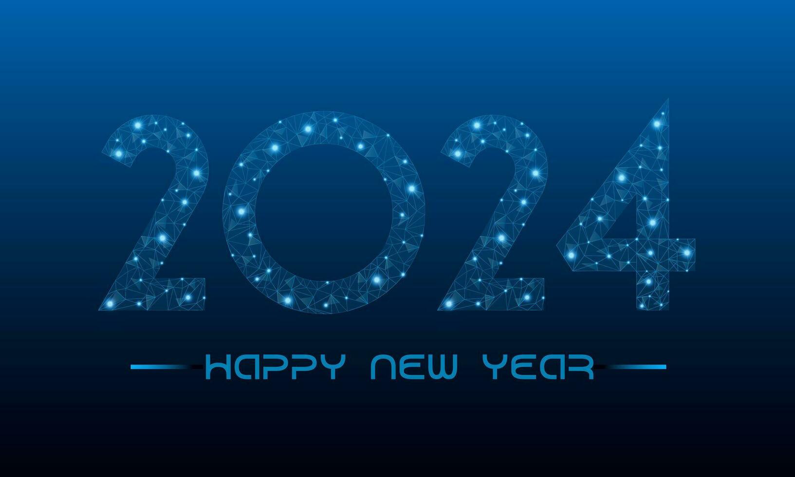 Happy new year 2024. Holiday concept for banner with low poly wireframe with futuristic glowing polygonal style. Polygonal wireframe and low poly vector illustration on dark blue background.