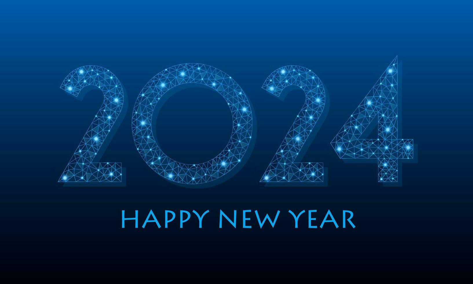 Happy new year 2024. Holiday concept for banner with low poly wireframe with futuristic glowing polygonal style. Polygonal wireframe and low poly vector illustration on dark blue background.