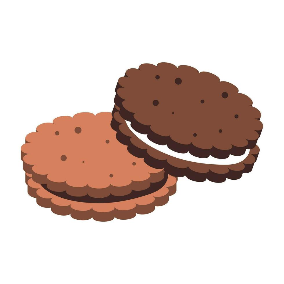 Cookies, cracker with chocolate filling in flat style. Vector illustration of sweets in isometry. Chocolate cookies filled with chocolate and cream. Isolated illustration.