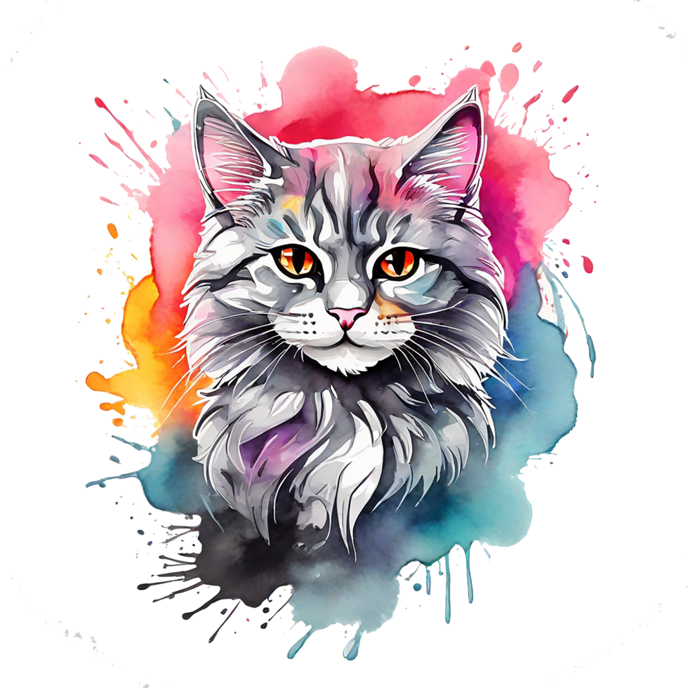 high quality, logo style, Watercolor, powerful colorful cute cat logo facing forward, monochrome background, by ,awesome full color, png