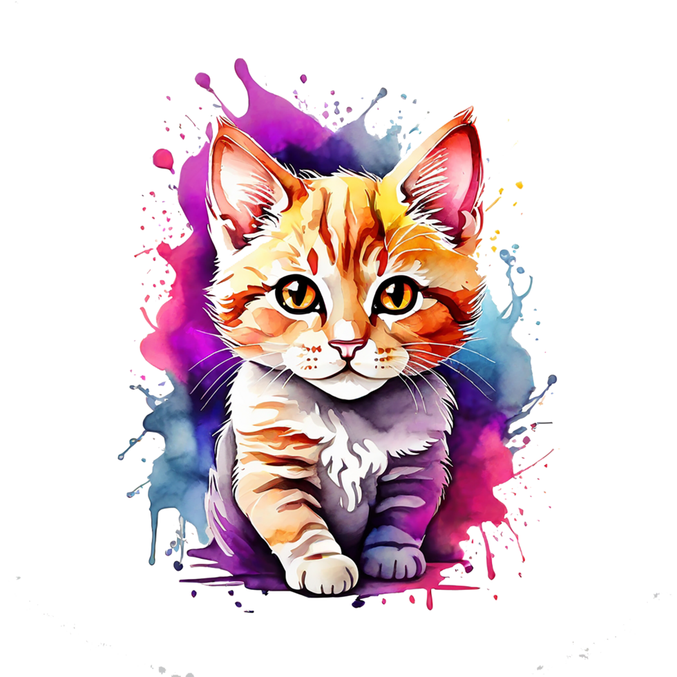 high quality, logo style, Watercolor, powerful colorful cute cat logo facing forward, monochrome background, by ,awesome full color, png
