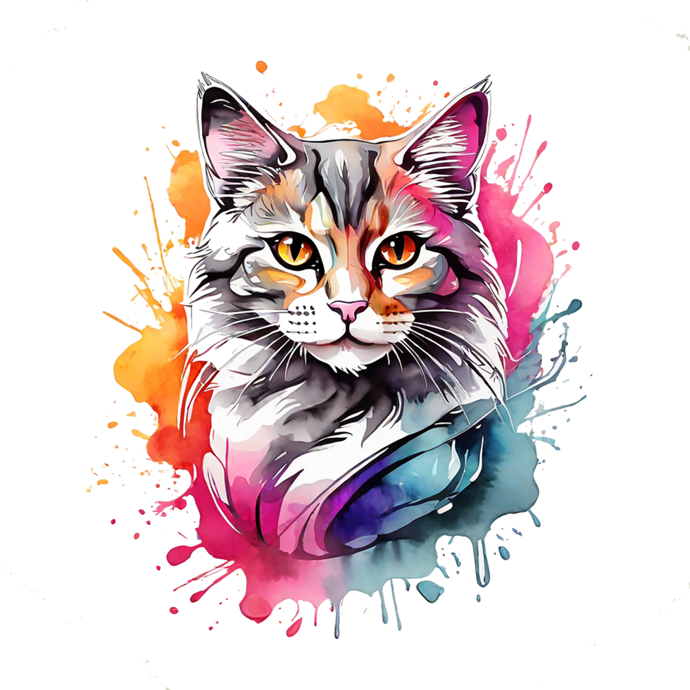 high quality, logo style, Watercolor, powerful colorful cute cat logo facing forward, monochrome background, by ,awesome full color, png