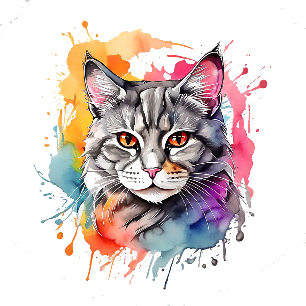 high quality, logo style, Watercolor, powerful colorful cute cat logo facing forward, monochrome background, by ,awesome full color, png