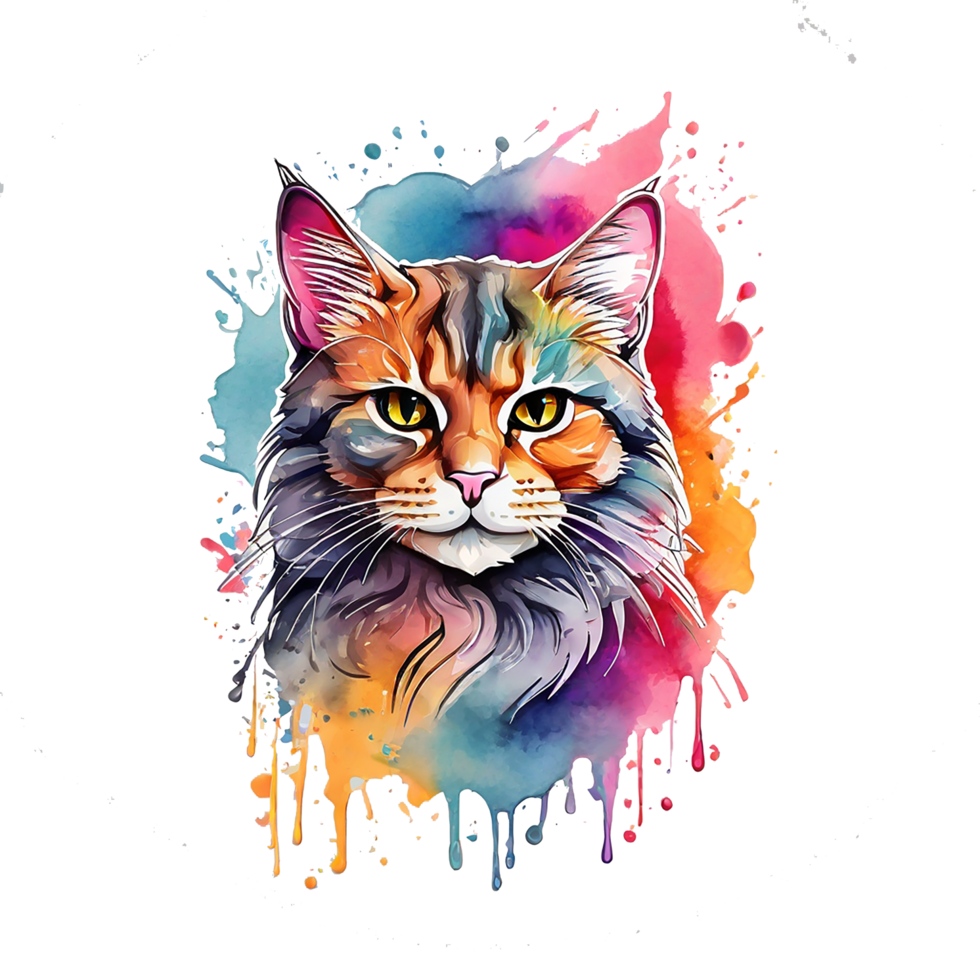 high quality, logo style, Watercolor, powerful colorful cute cat logo facing forward, monochrome background, by ,awesome full color, png