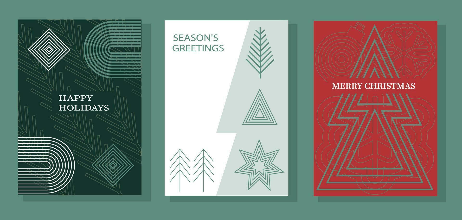 Christmas cards set. Modern design vector template geometric shapes text seasonal holidays.