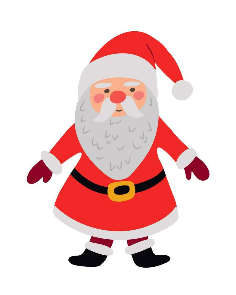 plano mano dibujado infantil Papa Noel claus personaje. Navidad tradicional persona en niños dibujos animados estilo. antiguo hombre con barba en rojo fiesta ropa. ideal para Navidad decoración, pegatinas, modelo vector