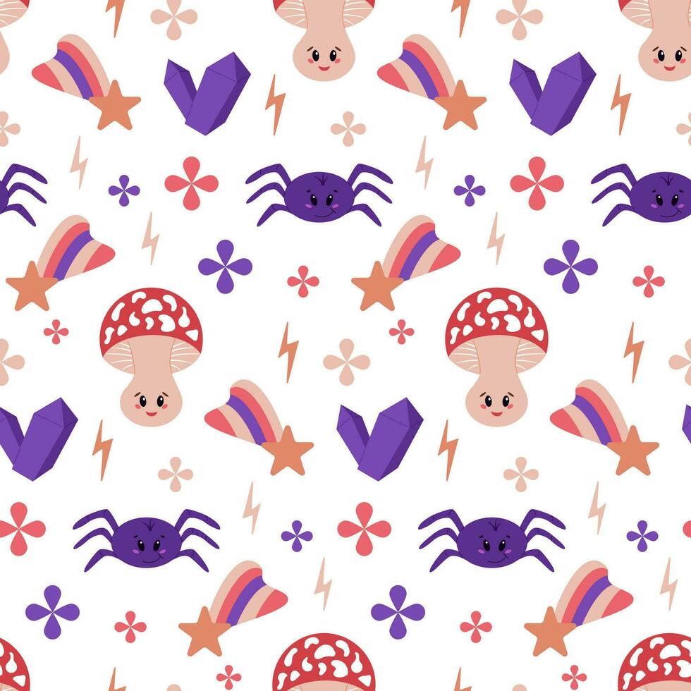 Cozy magical seamless pattern with mushroom. Flat kawaii elements on white background. Witch related items. Graphic print design for wrapping paper, kids textile, background, banner, stationary vector