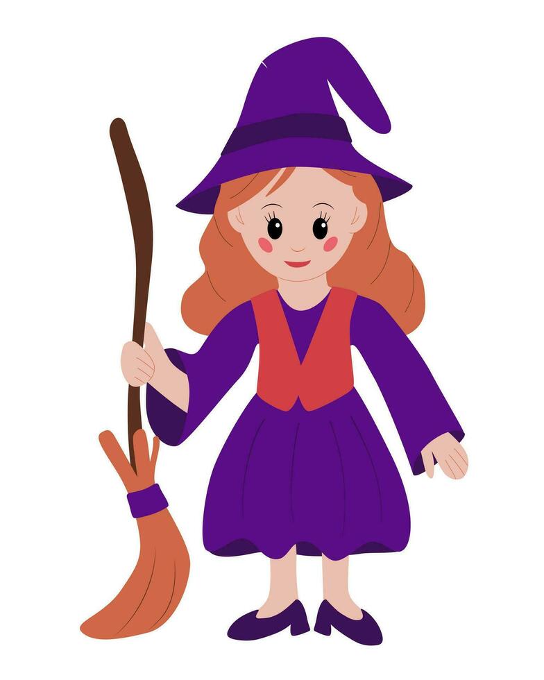 Cute kawaii magical female character. Young witch with mop. Female fictional character in flat cartoon style. Perfect for printout, stickers, prints vector
