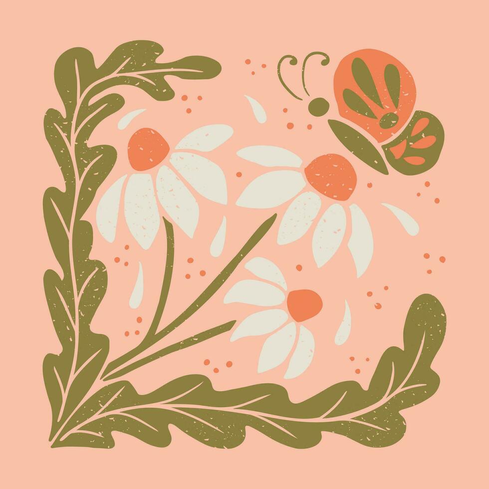 Abstract retro grunge floral composition. Flat botanical illustration in square form with grunge texture and scratches. Suitable for decoration, posters, t shirt print, social media graphics vector