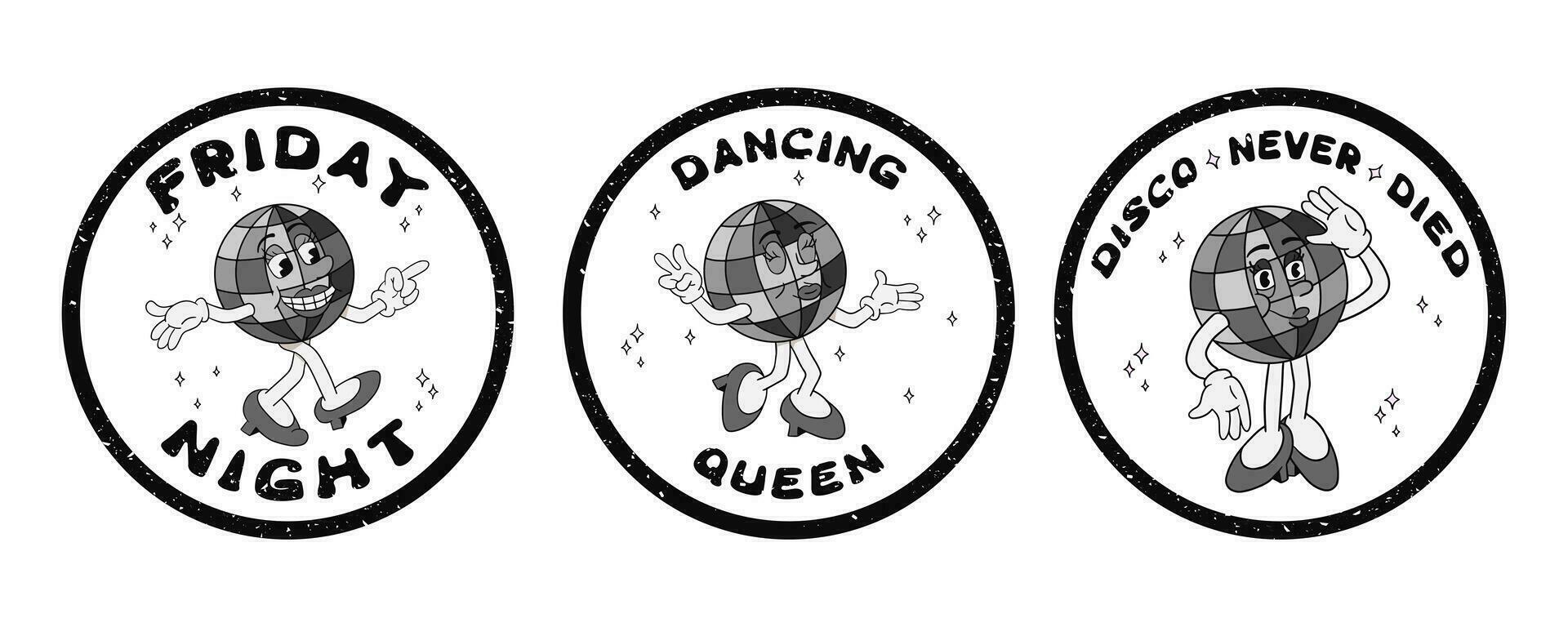 Set of grunge stamps cartoon disco ball characters. Vintage hand drawn female old cartoon character with hand drawn lettering. Disco slogans. Print design with scratches. Hippie groovy compositions vector