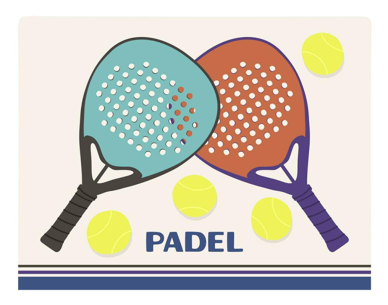 Padel tennis. Two padel rackets and tennis balls. Vector illustration with lettering