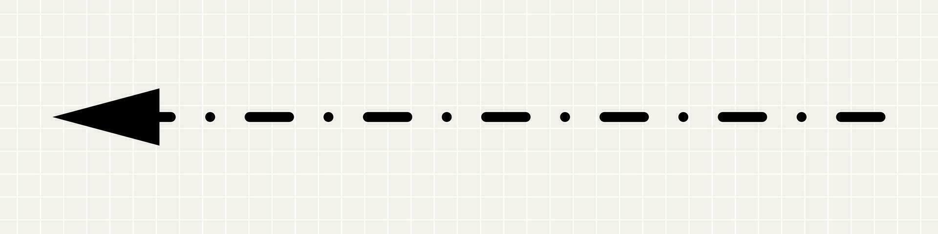 A thin straight black arrow pointing to the left. A minimalistic pointer made of lines and dots on a notebook background. vector