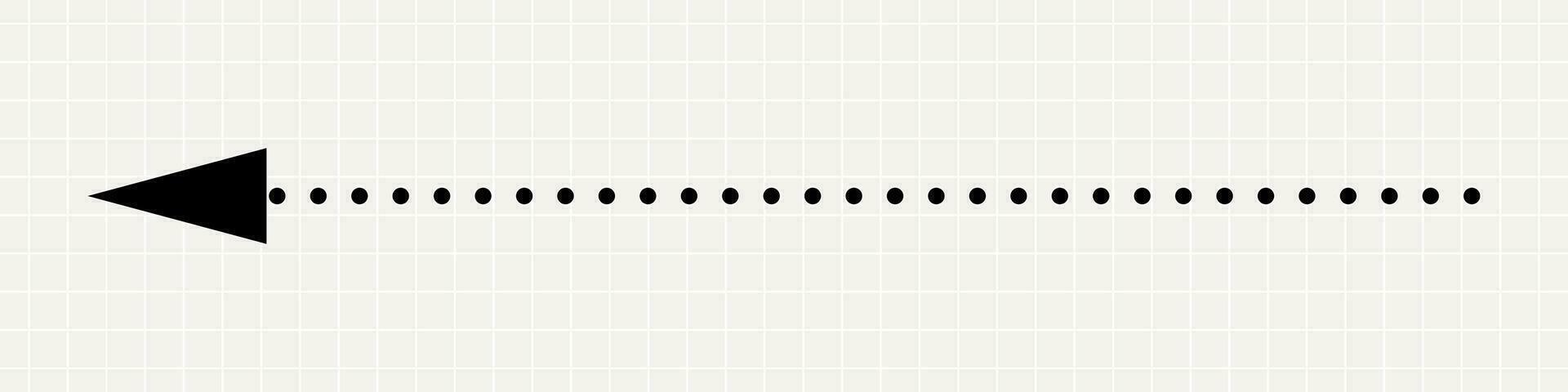 A thin straight black arrow pointing to the left. A minimalistic pointer made of dots on the background of a notebook sheet. vector