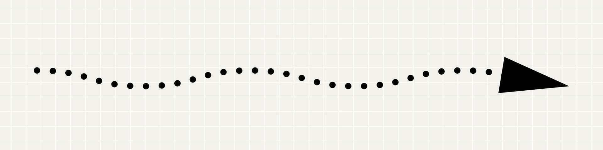 A thin straight black arrow pointing to the right. A minimalistic playful pointer made of dots on a notebook background. vector