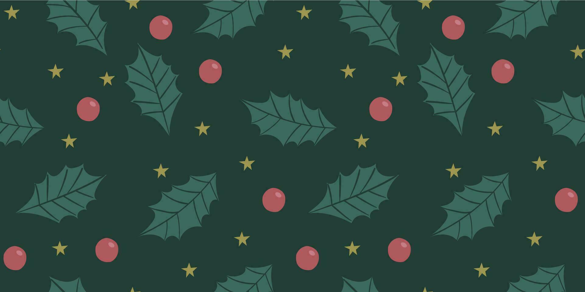 Christmas seamless pattern with holly berries, stars and leaves. vector