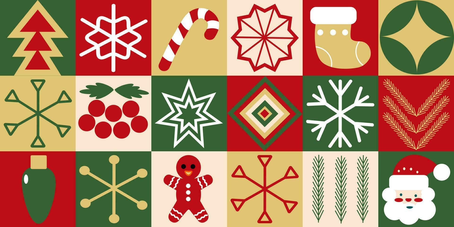 Christmas mosaic icons with geometric seamless pattern for wrapping paper, background, trendy, modern abstract design, style, vector illustration.