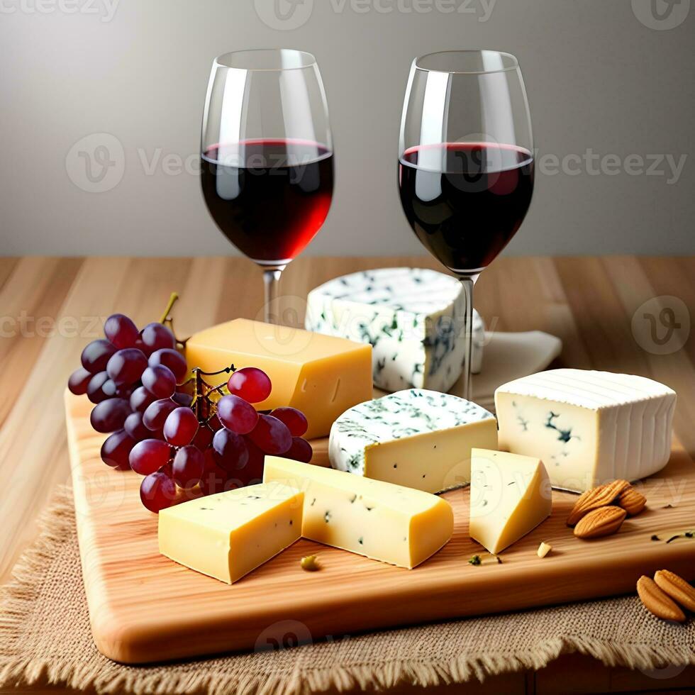 ai generado clasificado queso, uvas, nueces. queso plato. vino en lentes. el imagen estaba creado utilizando generativo ai. foto