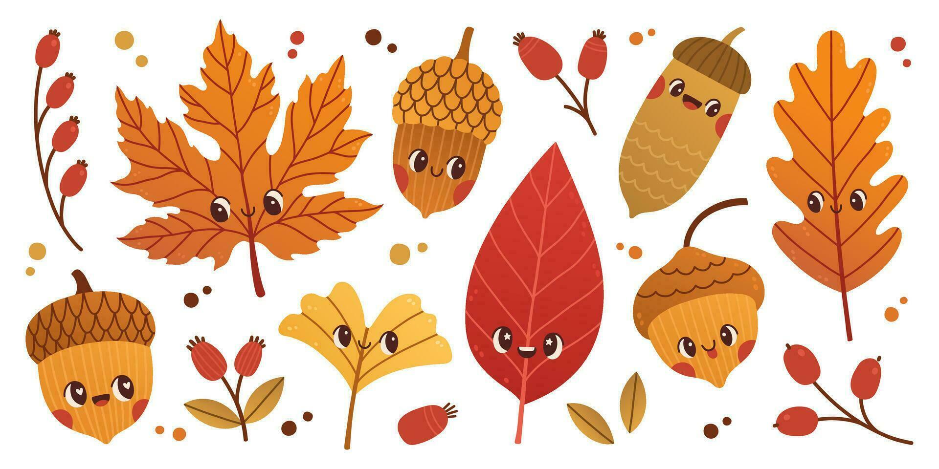 Cute cartoon leaves and acorns vector illustration. Oak, acorn, tree leaves. Nature print in Scandinavian style. Plant more trees. Save forest concept.